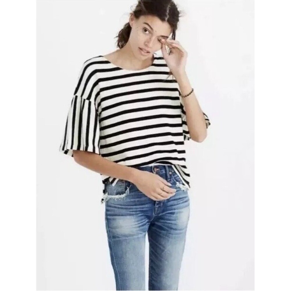 Madewell Black & Cream Striped Short-Sleeve 100% Cotton Knit Top Sz S Preppy